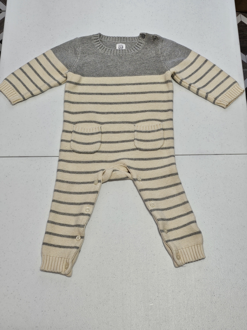 GAP Baby Brannan Stripe One-Piece Cream and Gray Striped Knit Baby Romper 12-18M